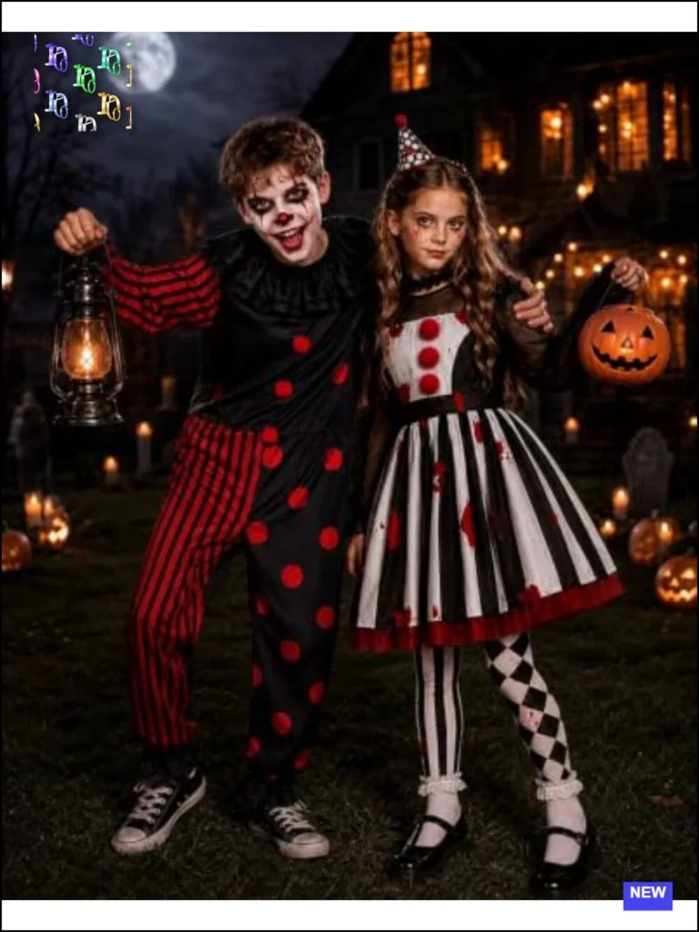 Scary Clown Costume Set for Girls Halloween Horror Dress with Hat Necklace Socks